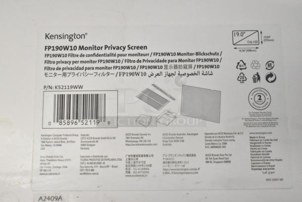 Kensington FP190W10 Monitor Privacy Screen package; features multilanguage details, dimensions 19"x10.04"; Part No. K52119WW.