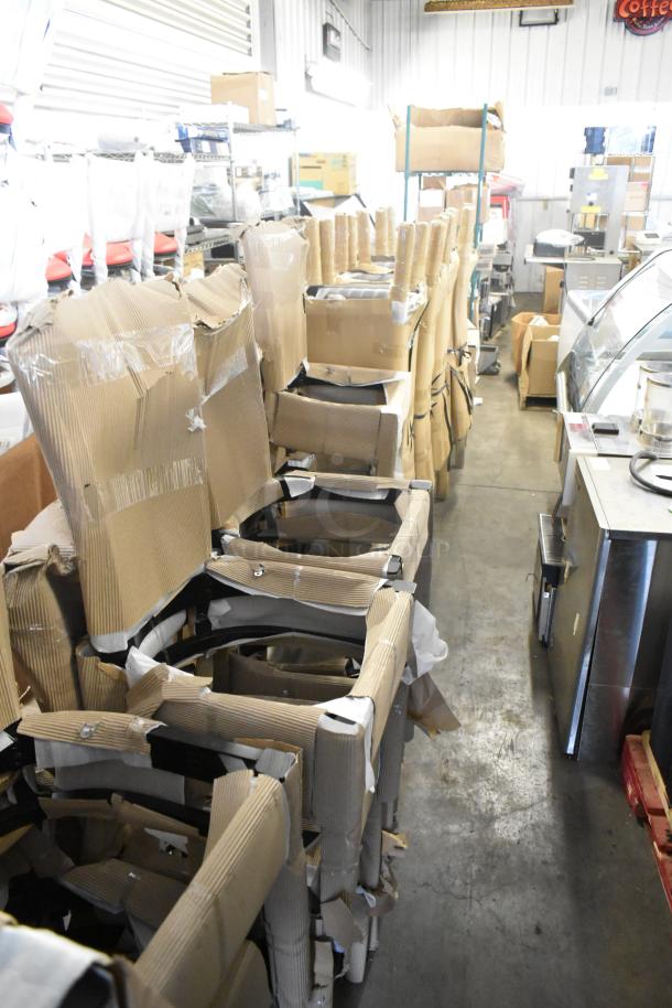 Brand new black wood pattern bar height chairs with black seat cushions, 40 available, scratch and dent condition.