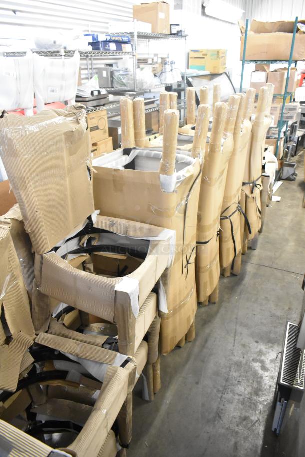 40 new scratch and dent bar height chairs with black wood pattern and seat cushion, packaged and stacked.