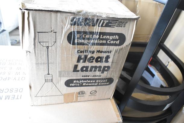 BRAND NEW ServIt 423HLS45SS 8' Ceiling Mount Heat Lamp, stainless steel cone shade, 120V, in original packaging.