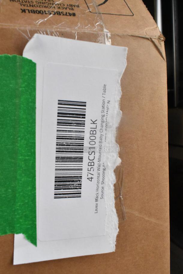 Box label for Lavex 475BCS100BLK Black Horizontal Wall-Mounted Baby Changing Station, new with scratches and dents.