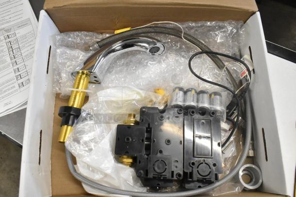 BRAND NEW Delta Faucet 590-PALGHDF, deck-mount, touchless, silver finish, scratch and dent, includes 0.5 GPM aerator, proximity sensing.