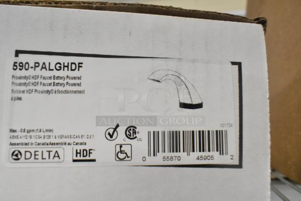 Brand new Delta Faucet 590-PALGHDF, deck-mount, touchless, 0.5 GPM aerator, with proximity sensing, scratch and dent condition.