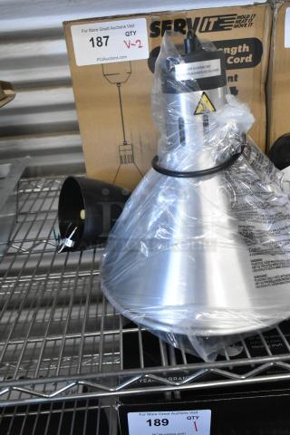 Brand new ServIt 423HLS45SS heat lamp with stainless steel cone shade, 8' ceiling mount. Tagged for dry locations only.