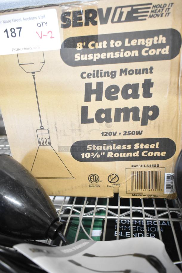 New ServIt 423HLS45SS 8' ceiling mount heat lamp, stainless steel round cone shade, 120V, ETL certified.
