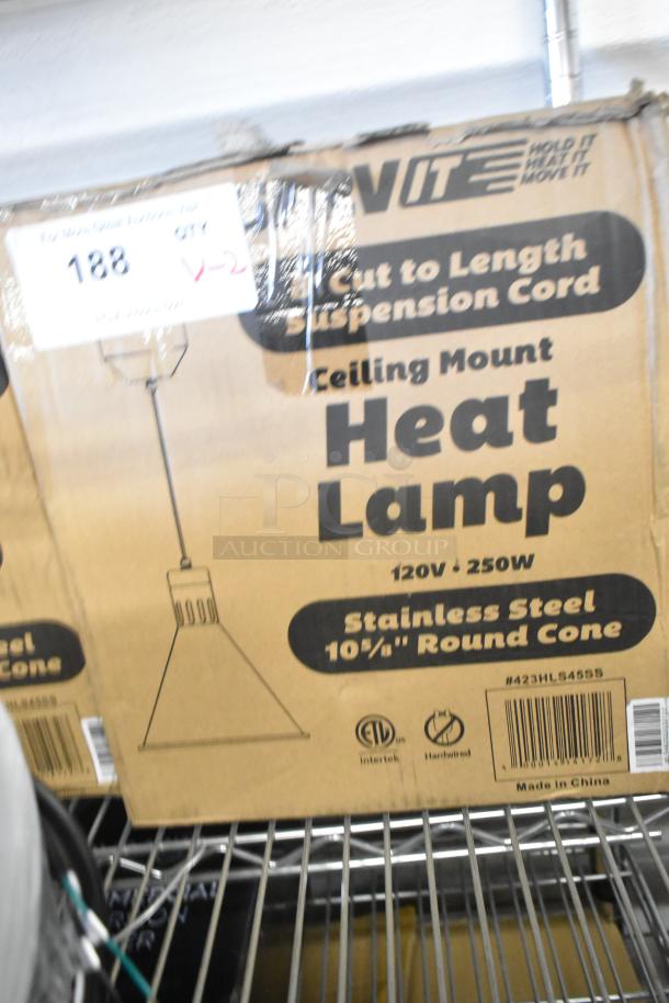 2 brand new ServIt 423HLS45SS ceiling mount heat lamps in box. Stainless steel, 120V, round cone shade.