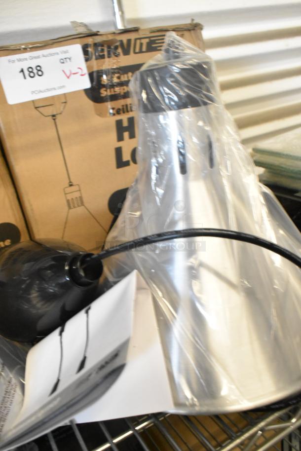 Brand new ServIt 423HLS45SS 8' ceiling mount heat lamp. Features stainless steel round cone shade. 120V, 1 phase.