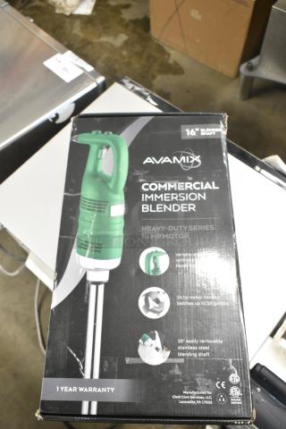 Brand new AvaMix 928IBHD16 16" heavy-duty immersion blender, 1 1/4 hp, 120 volts, variable speed, in original packaging.