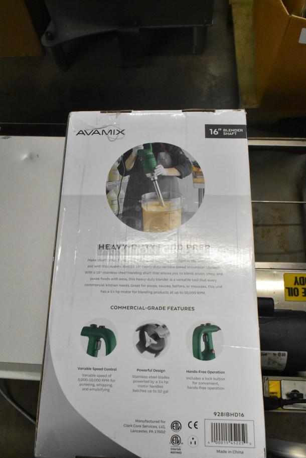 Alt text: AvaMix 928IBHD16 16" Heavy-Duty Immersion Blender in box, 1 1/4 hp, 120 Volts, variable speed, commercial-grade features.