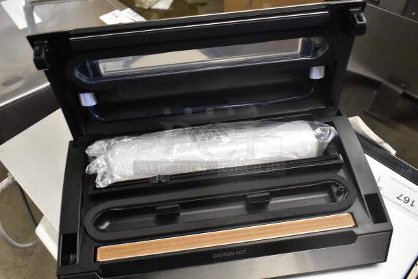 Brand new VacPak-It VSM12PRO external vacuum sealer with 12" seal bar, cutter, and roll holder. 120V, 1 phase.