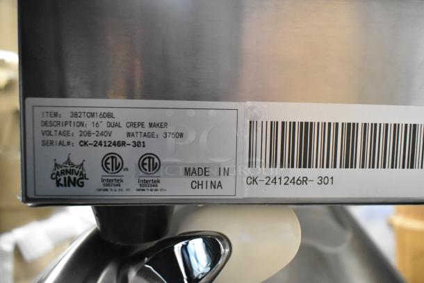 BRAND NEW Carnival King 382TCM16DBL Stainless Steel 16" Dual Non-Stick Crepe Maker, 208/240 Volts, 3750W, Made in China.