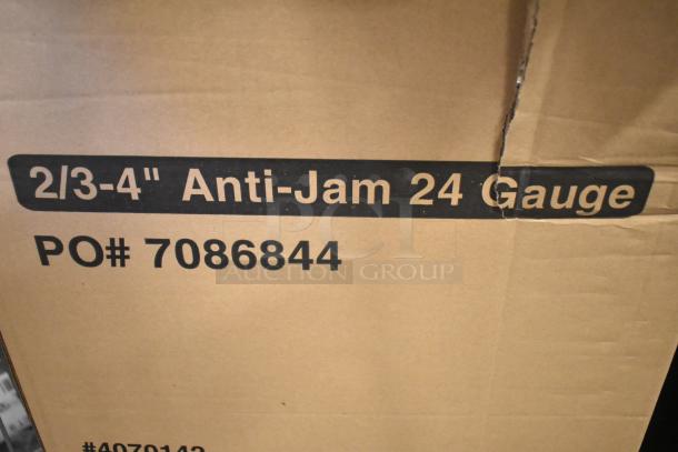 2 brand new boxes containing Choice 2/3 size 4" deep 24-gauge anti-jam stainless steel steam table pans. PO# 7086844.