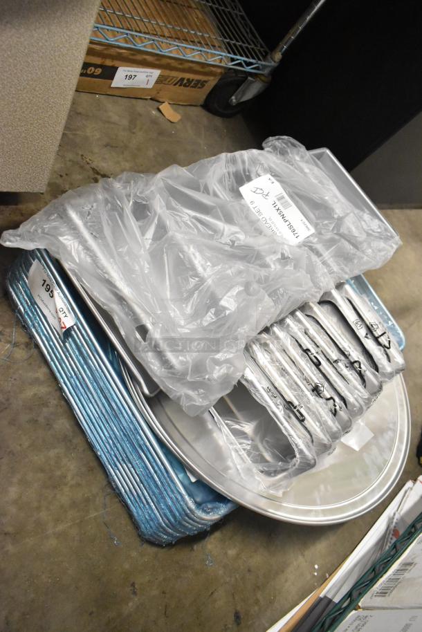 27 brand new scratch and dent kitchen pans including Choice hotel pans and Baker's Lane loaf pans.