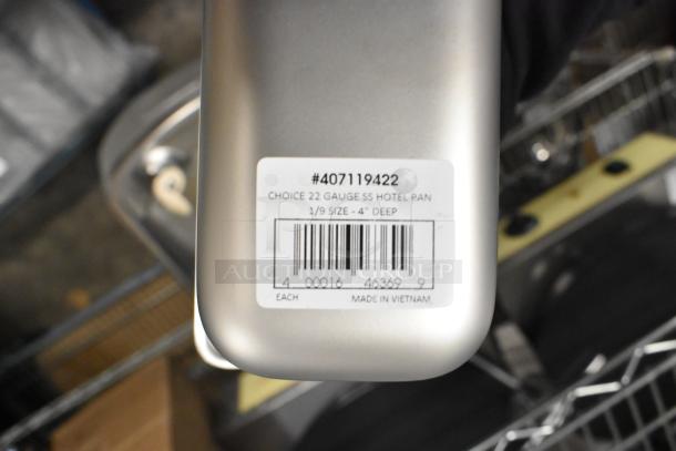 Stainless steel hotel pan with label showing model 407119422, 1/9 size, 4" deep, anti-jam, 22 gauge, new condition.