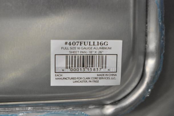 Label on Baker's Lane 407FULL16G, full-size 16 gauge aluminum sheet pan, 18" x 26", made in China for Clark Core Services.