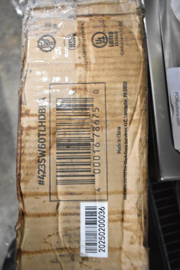 Brown shipping box labeled "#423SW60TLHDBLA" with UL and NSF certifications. Box is scratched and dented.