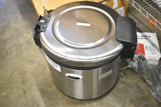 Brand new Galaxy 177RWGB90 Electric Rice Warmer, 90-cup capacity, 120V, 1 Phase, minor scratches, caution: hot surface label.