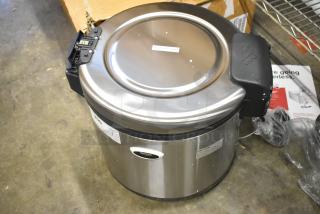 Brand new Galaxy 177RWGB90 Electric Rice Warmer, 90-cup capacity, 120V, 1 Phase, minor scratches, caution: hot surface label.