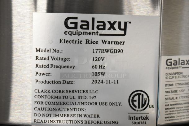 BRAND NEW Galaxy 177RWGB90, 90-cup electric rice warmer. 120V, 1-phase. Features scratch and dent condition, UL listed.