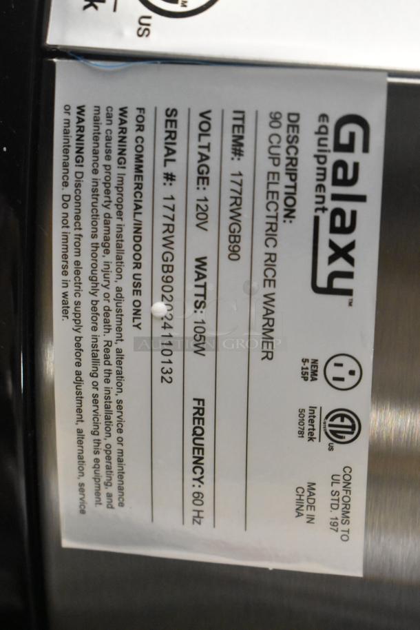 Brand new Galaxy 177RWGB90 90 cup electric rice warmer, 120V, 1 phase. Scratch and dent condition, label details visible.