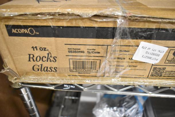Cardboard box labeled Acopa 11 oz. Rocks Glass, item 5535011G, 12 per case, visible barcodes, sealed with tape.