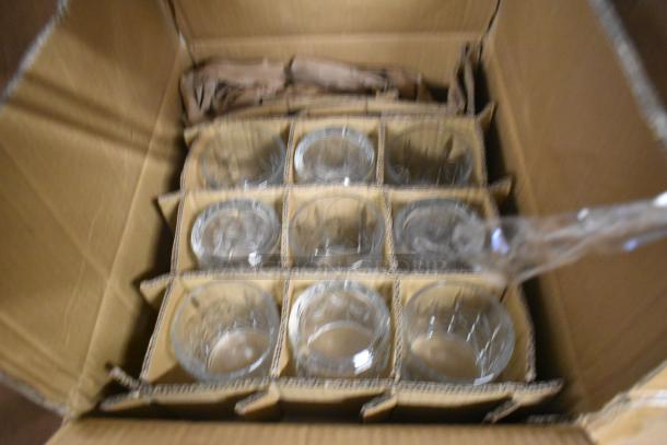 Box of Acopa Gardenia 11 oz. Rocks Glasses, new condition, 12 glasses neatly arranged in cardboard dividers.