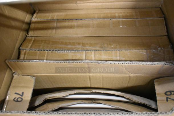 Cardboard box containing new Acopa and Oneida kitchenware, including glasses, bowls, and platters, in original packaging.