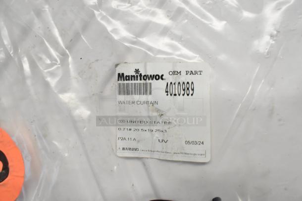 Manitowoc Ice 4010989 Water Curtain package with OEM part label, showing dimensions and warning; brand new condition.