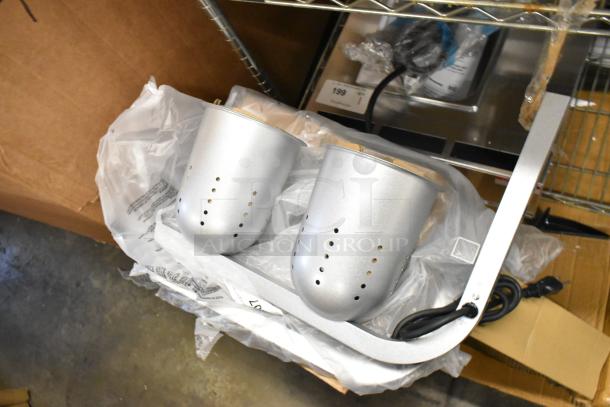 BRAND NEW Avantco 177W62 heat lamp, silver, 2 bulbs, free-standing, with red bulbs, pan, grate, 120V, minor scratches.