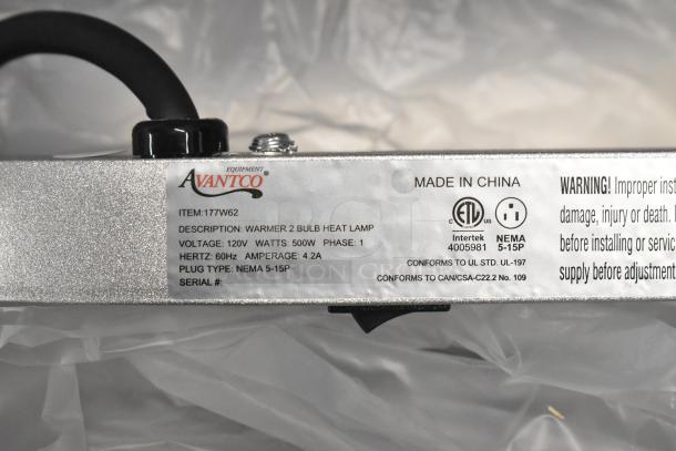 Brand new Avantco W62 heat lamp label, 120V, 500W. Silver with red bulbs, pan, and grate. ETL certified, NEMA 5-15P plug.