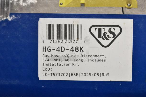 BRAND NEW T&S HG-4D-48K 48" yellow gas connector hose, 3/4" NPT, with FreeSpin fitting and installation kit.