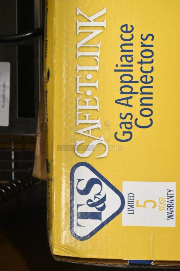 BRAND NEW T&S Safe-T-Link 48" gas connector hose, yellow coated steel, 3/4" NPT, includes FreeSpin fitting and kit. Limited 5-year warranty.