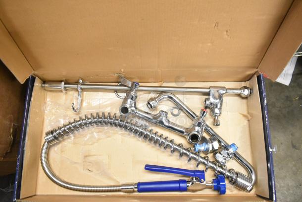 Brand new Waterloo 750PRW814 wall-mounted pre-rinse faucet, 1.15 GPM, 8" centers, 14" add-on faucet, slight scratches.