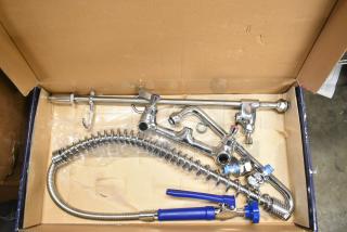 Brand new Waterloo 750PRW814 wall-mounted pre-rinse faucet, 1.15 GPM, 8" centers, 14" add-on faucet, slight scratches.