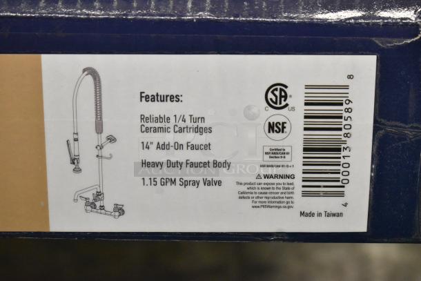 BRAND NEW SCRATCH AND DENT! Waterloo 750PRW814 wall-mounted pre-rinse faucet, 1.15 GPM, 8" centers, 14" add-on. Made in Taiwan.