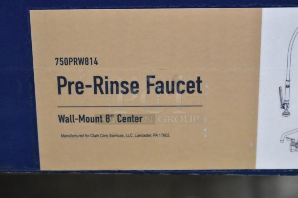 Brand new Waterloo 750PRW814 pre-rinse faucet, wall-mounted, 1.15 GPM, 8" centers, 14" add-on faucet, scratch and dent condition.