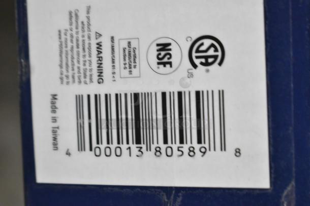 Barcode label of Waterloo 750PRW814 wall-mounted pre-rinse faucet, indicating NSF and CSA certifications, Made in Taiwan.