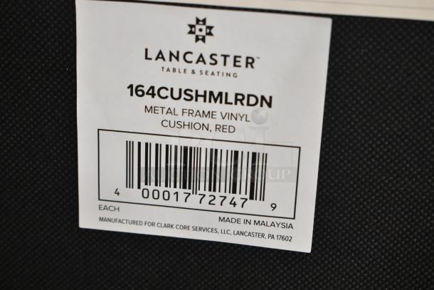 Label for Lancaster bar chair, model 164CUSHMLRDN, red vinyl cushion, metal frame. Made in Malaysia for Clark Core Services.