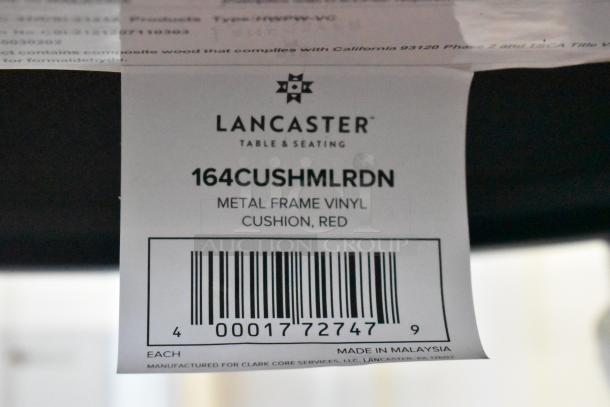 Label reading "Lancaster Table & Seating, 164CUSHMLRDN, Metal Frame Vinyl Cushion, Red." Shows barcode and "Made in Malaysia."