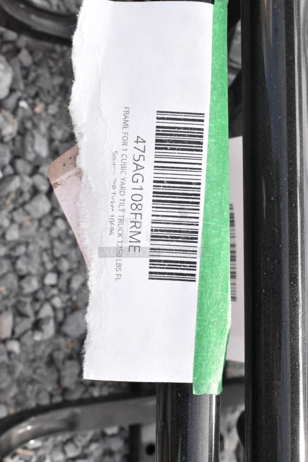 Alt text: New 475AG108FRME frame for 1 cubic yard tilt truck, 1250 lbs capacity, barcode and label visible, scratch and dent condition.