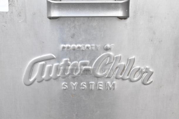 Auto-Chlor AC stainless steel commercial front load dishwasher, 115V, 1 phase. "Property of Auto-Chlor System" embossed.