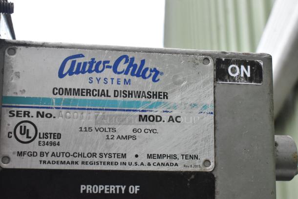 Auto-Chlor AC stainless steel commercial dishwasher label showing model, 115 volts, single phase, and UL listing.