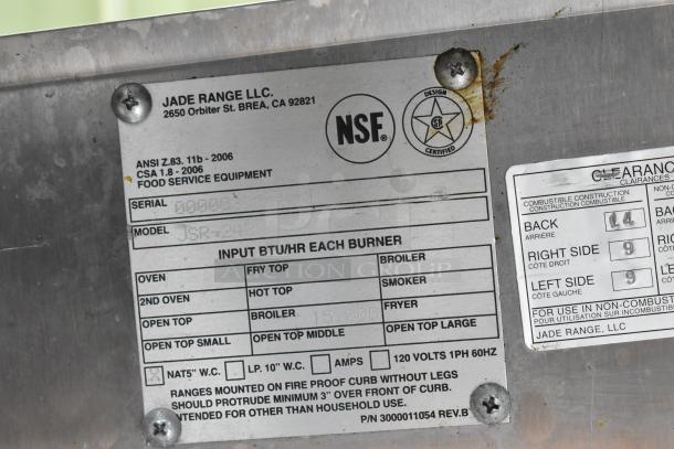Jade Range JSR-24B stainless steel charbroiler label displaying model, serial number, input BTU, and clearance info.