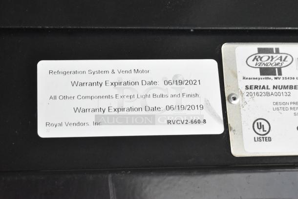 Royal Vendors RVCV2-660-8 metal vending machine label. Warranty expired 2019 and 2021. Serial: 201623BA00132. UL listed.