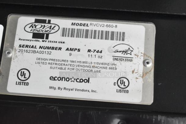 Royal Vendors RVCV2-660-8 vending machine label showing model, serial number, UL and Energy Star certifications.