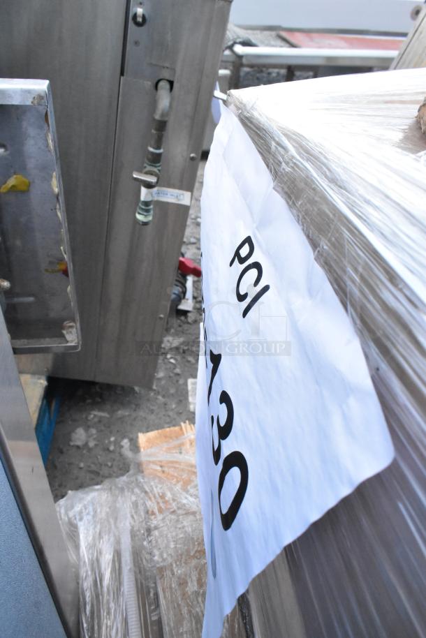 6 new scratch and dent items, including a Regency swinging door, dish table, work table, and Ashland grease trap.