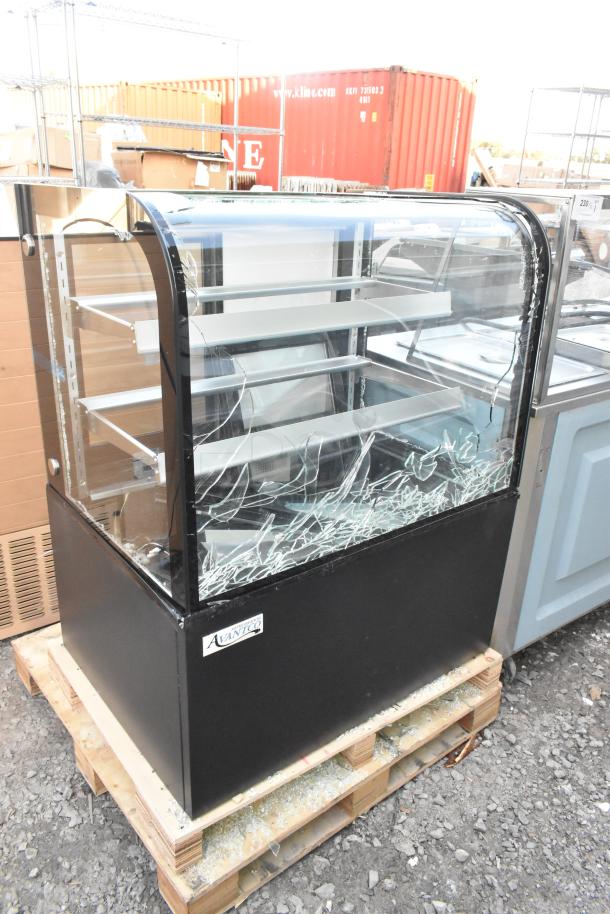 Avantco 193BC36HCB 36" curved glass bakery display case, black, new scratch and dent, broken glass visible, 110-120V.