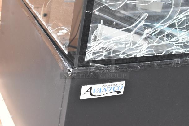 Brand new Avantco 193BC36HCB 36" refrigerated display case with broken curved glass, black exterior, 110-120V, 1 phase.