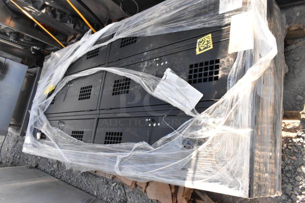 Regency Space Solutions black 3-wide, 2-tier locker, 36"x15"x78", brand new with minor scratches, wrapped in plastic.