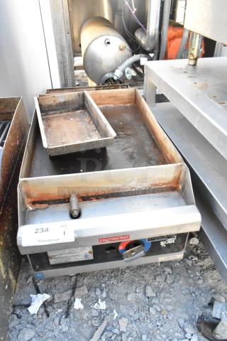 Star 613 Stainless Steel Countertop Gas Flat Top Griddle, used condition, with temperature dial and "Caution Hot" label.